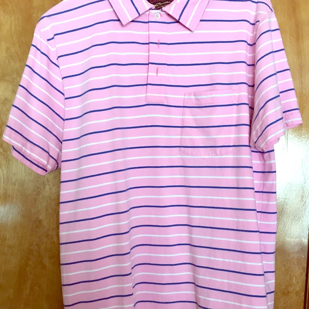 Men’s US Med Pink Cotton white & blue striped polo